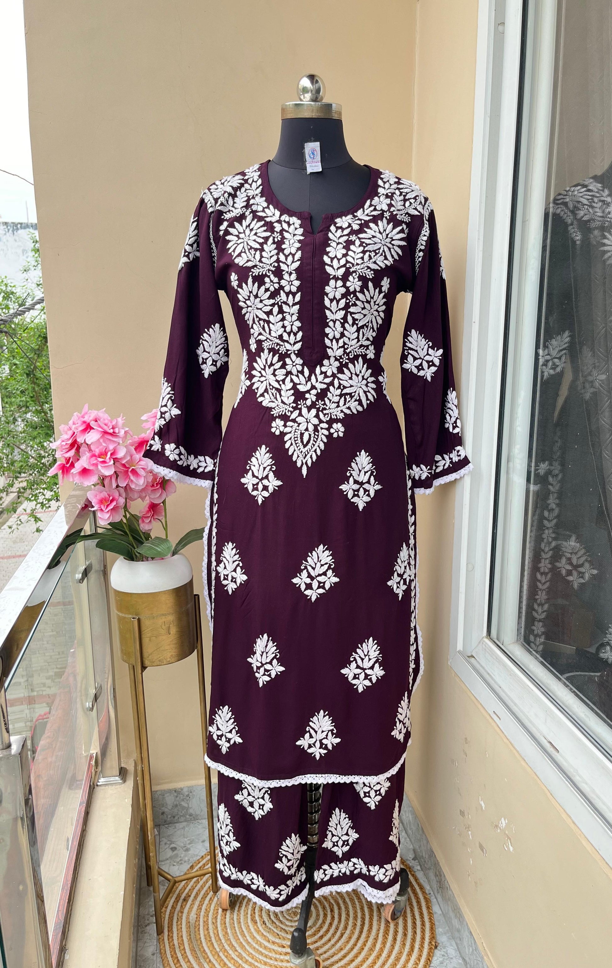 Wine Premium Rayon Lucknow Chikankari Kurti and Pallazo Set - Inayakhan Shop 