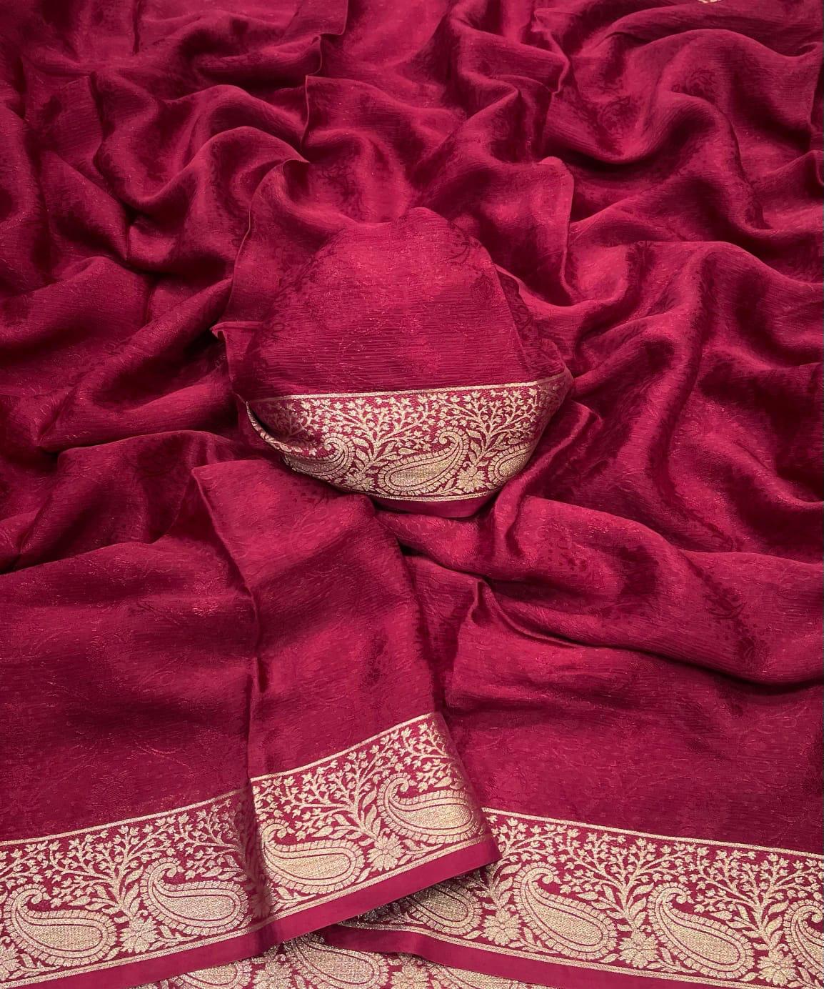 Wine red Viscose Chinon saree with gold Banarasi woven border and blouse