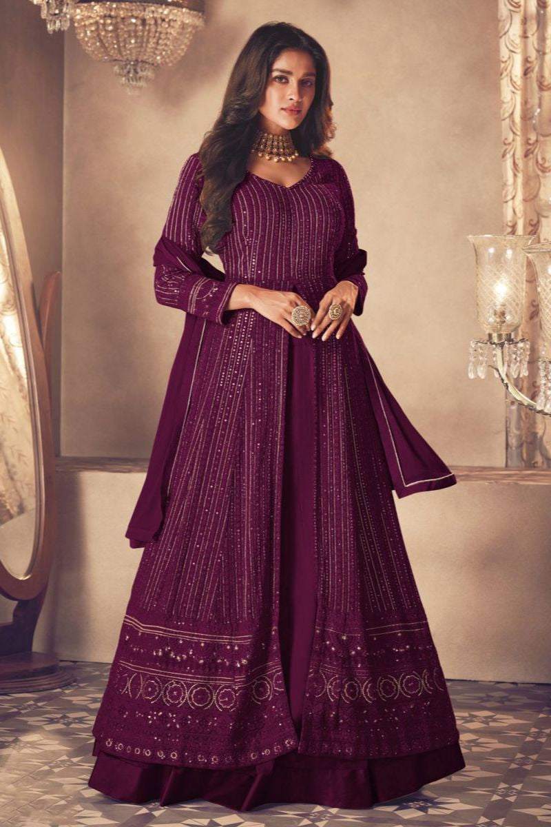 Wine Regal Embroidered Front Slit Long Choli Lehenga Set (Limited Stock)