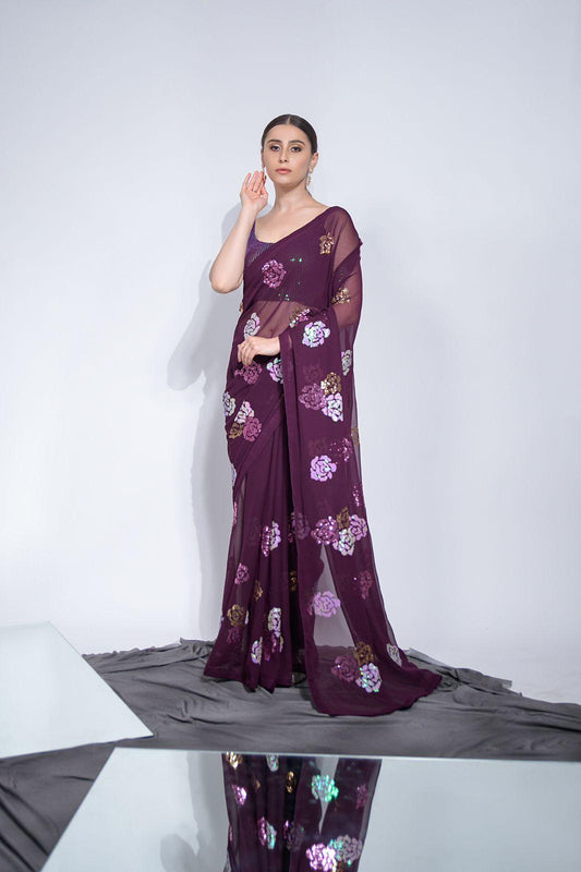 Wine Stunning Heavy Georgette Saree with Fancy Sequins Embroidery - Inayakhan Shop 