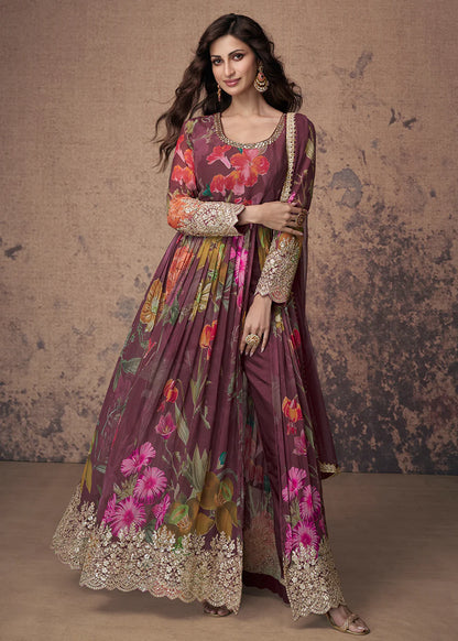 Wine Zari Embroidered Anarkali Gown with Digital Print & Net Dupatta