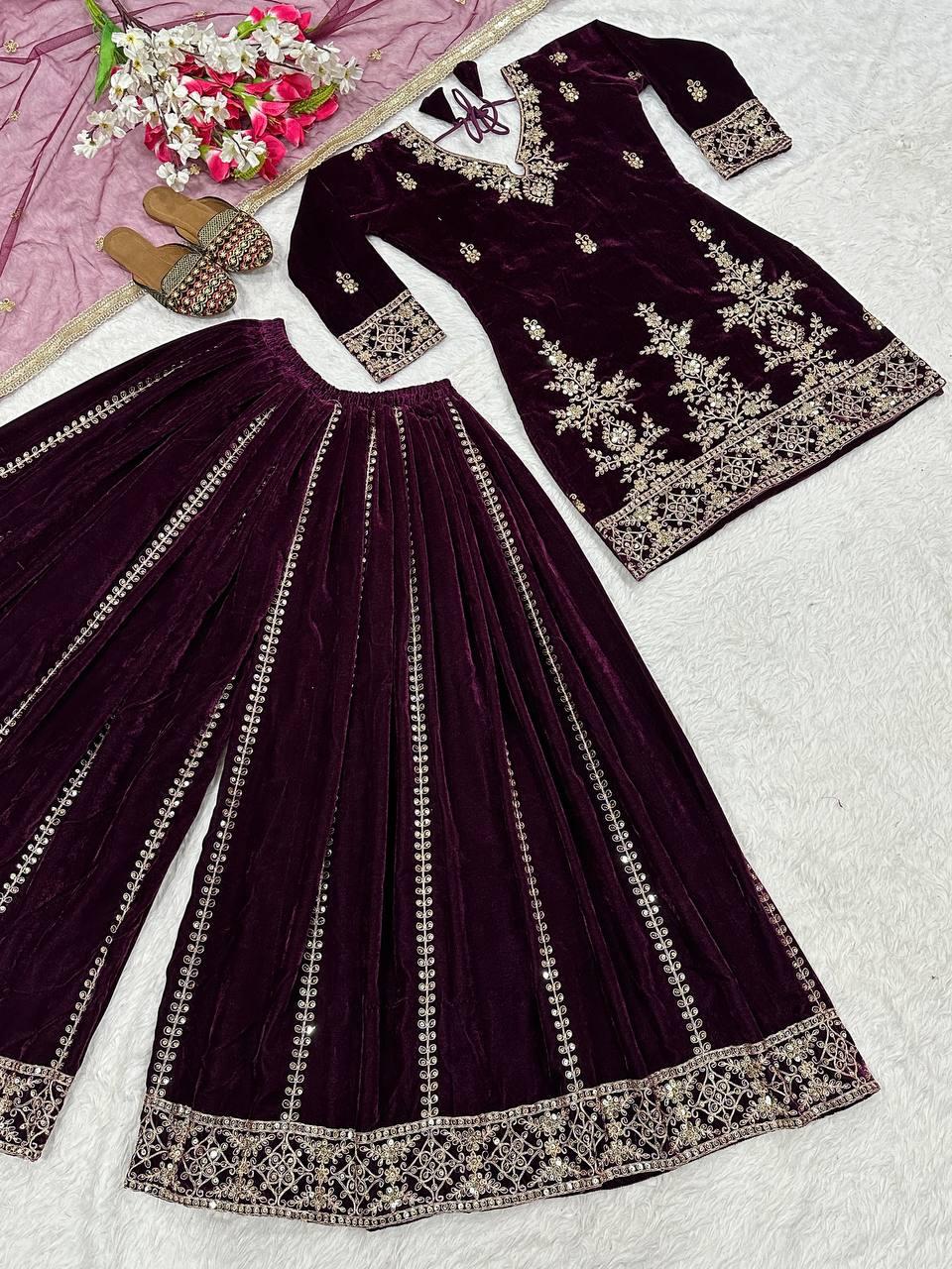 Wine Color Designer Party Wear Velvet Sharara Kameez with Dupatta