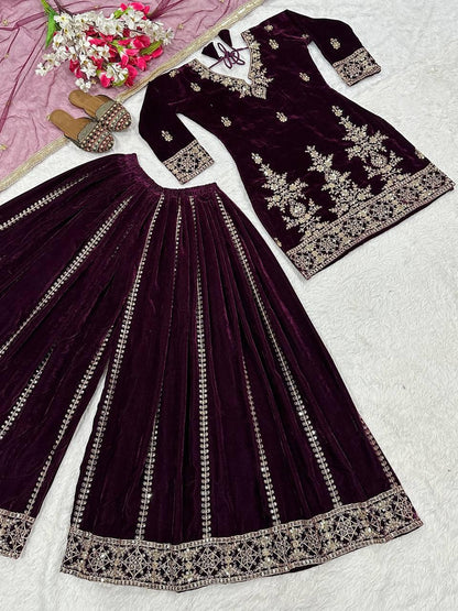 Wine Color Designer Party Wear Velvet Sharara Kameez with Dupatta
