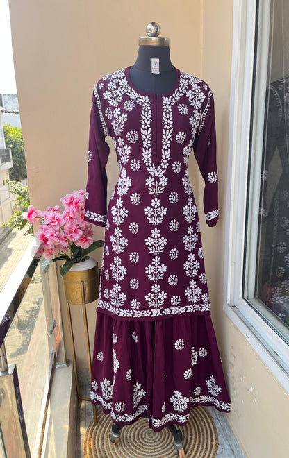 Wine Premium Kurti & Gharara Co-ord Set – Lucknow Chikankari Handwork