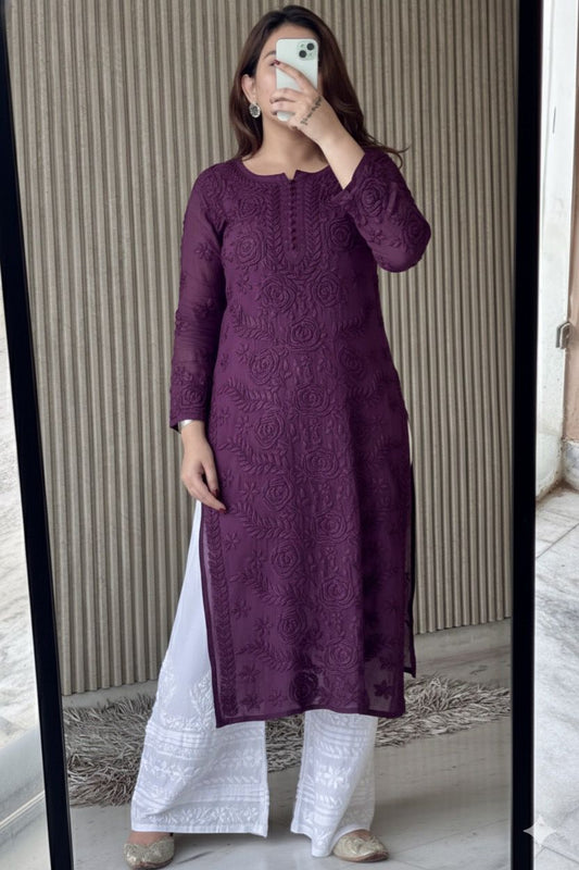 Wine Lucknowi Chikankari Rose Viscose Georgette Kurta Set
