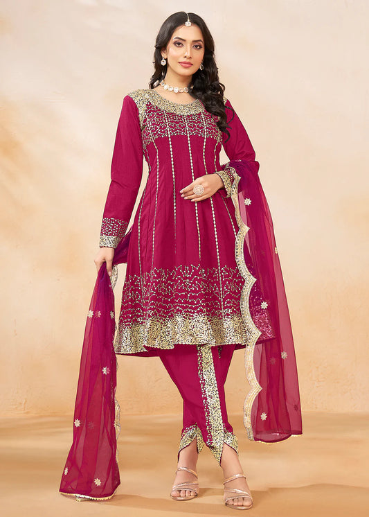 Wine Dhoti Style Punjabi Salwar Suit with Zari & Sequins Embroidery