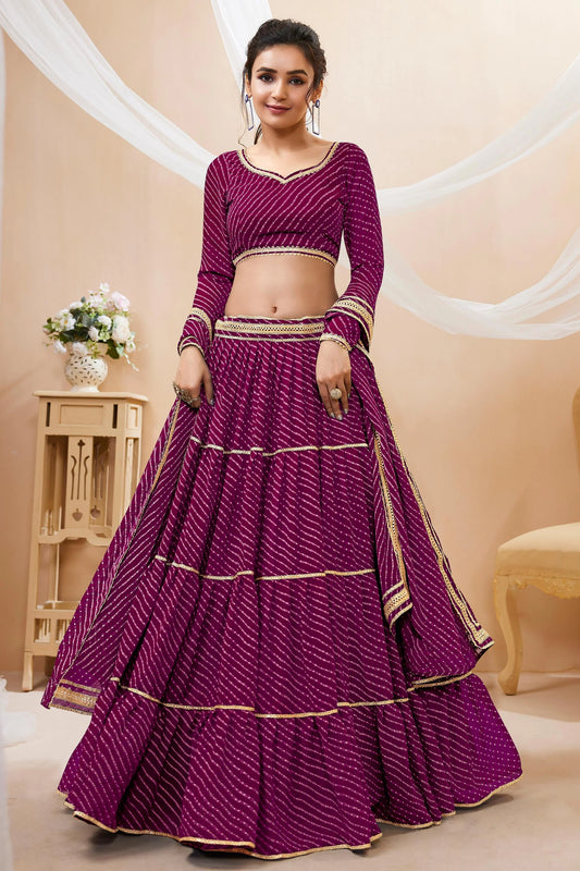 Wine Color Leheriya Print Wide Flair Navratri Lehenga Choli