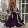 Wine Color Stunning Party Wear Anarkali Gown with Zari Sequins Work & Dupatta
