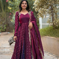 Wine Designer Embroidered Fandy Silk Indian Gown Set | Party Wear