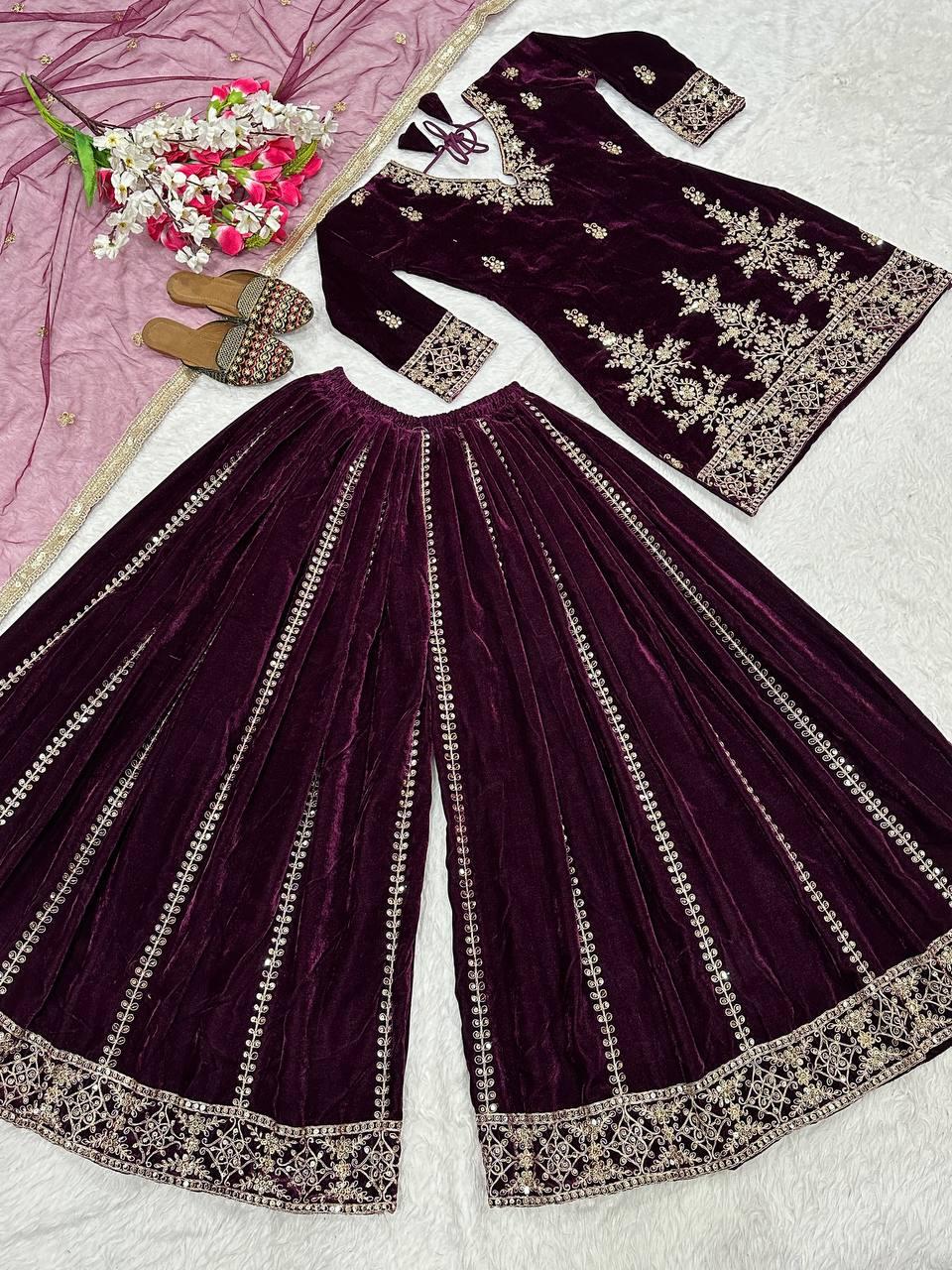 Wine Color Designer Party Wear Velvet Sharara Kameez with Dupatta