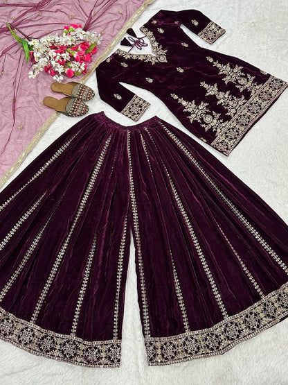 Wine Color Designer Party Wear Velvet Sharara Kameez with Dupatta