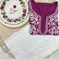 Wine Handcrafted Lucknowi Chikankari Style Short Kurta & Palazzo Set