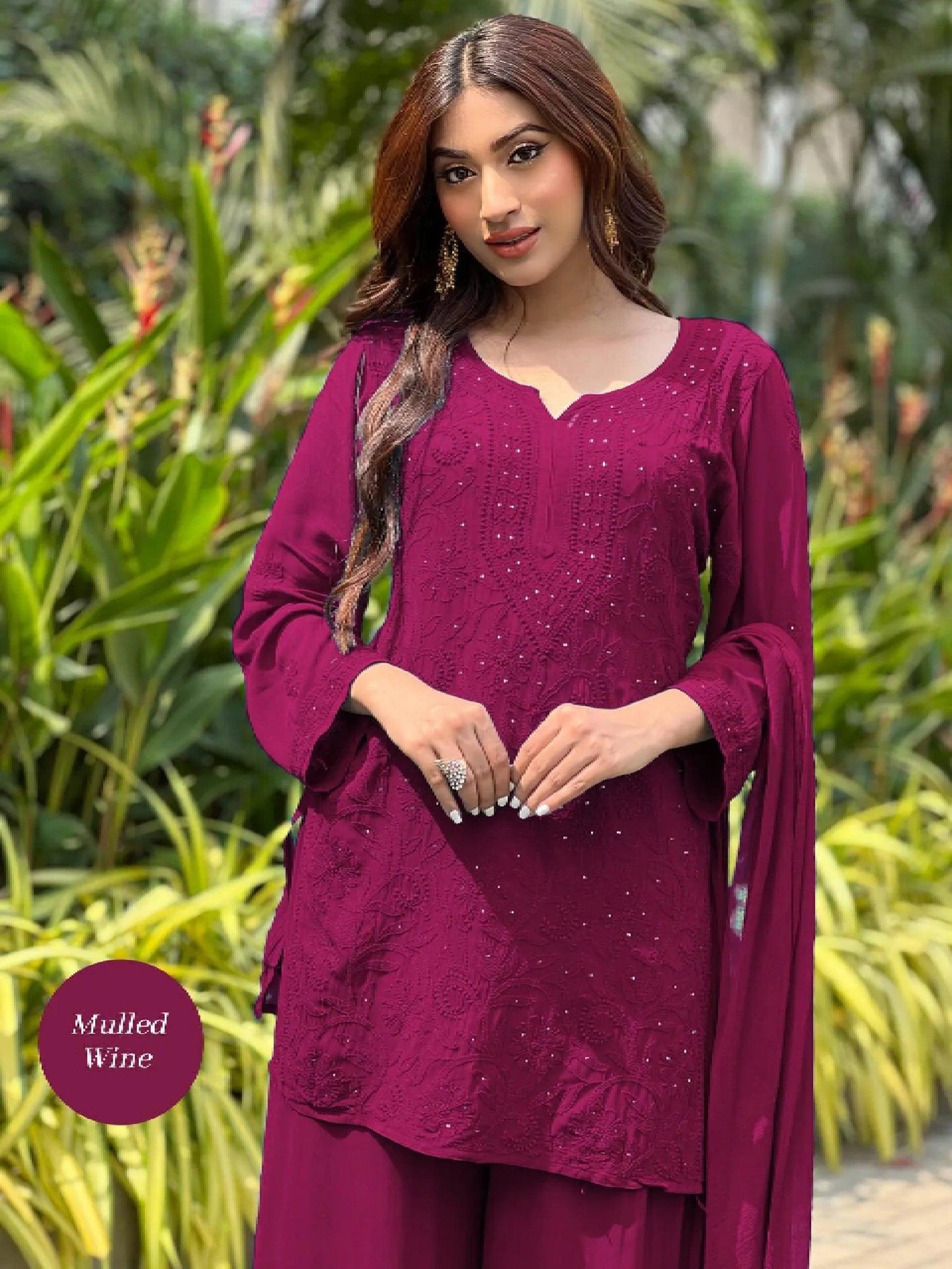 Wine Color Premium Resham Viscose Jall Short Kurti Set