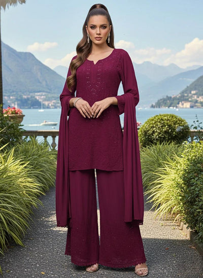 Wine Color Premium Resham Viscose Jall Short Kurti Set