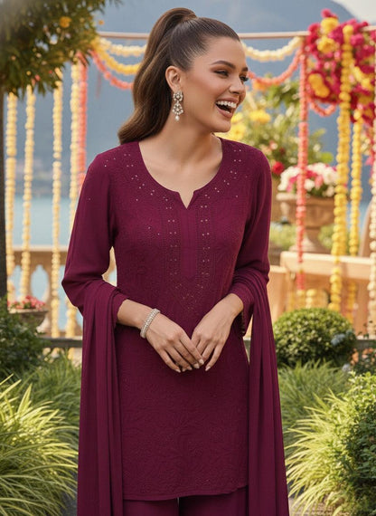Wine Color Premium Resham Viscose Jall Short Kurti Set