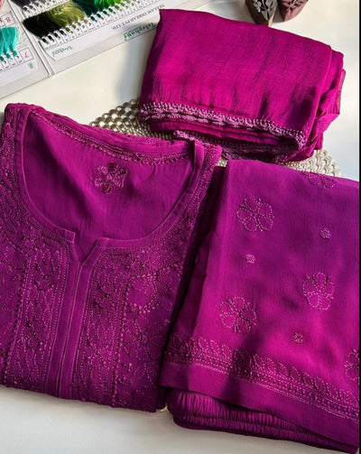 Wine Elegant Viscose Lucknow Chikankari Handwork Ensemble (Latest)