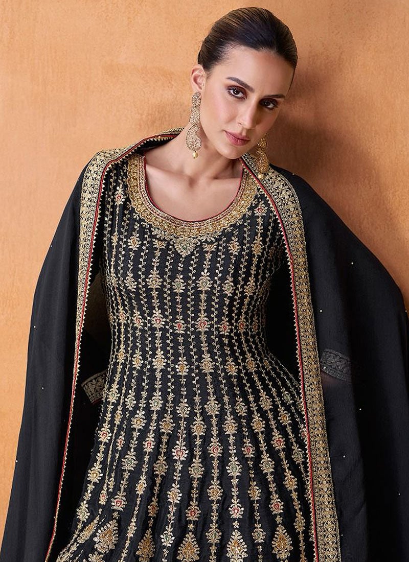 Black Premium Chinon Silk Indo-Western Palazzo Set