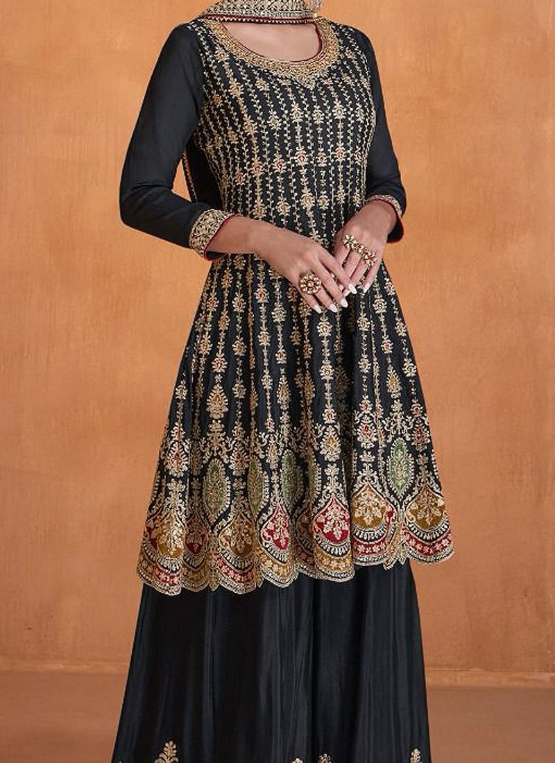 Black Premium Chinon Silk Indo-Western Palazzo Set