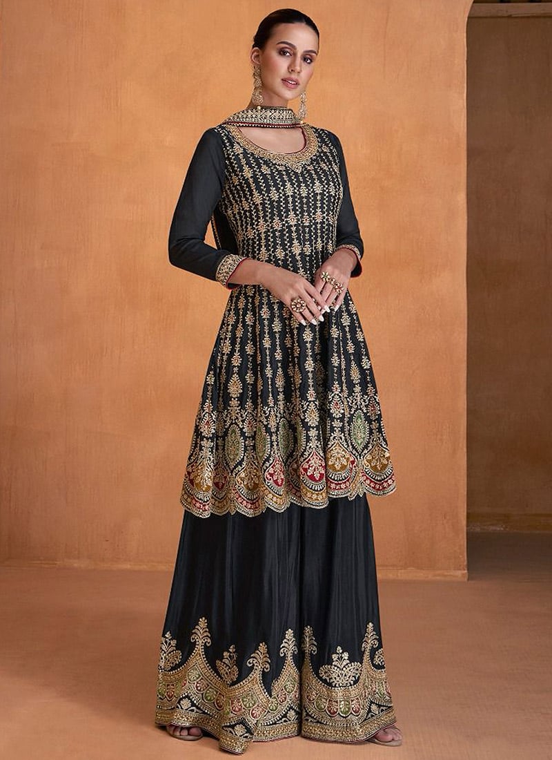 Black Premium Chinon Silk Indo-Western Palazzo Set