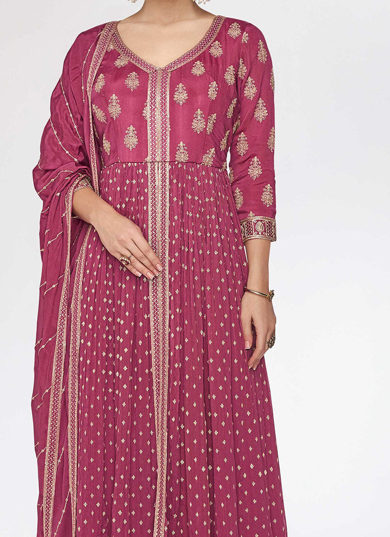 Premium Pink Party Wear Long Kurti Palazzo Dupatta Set