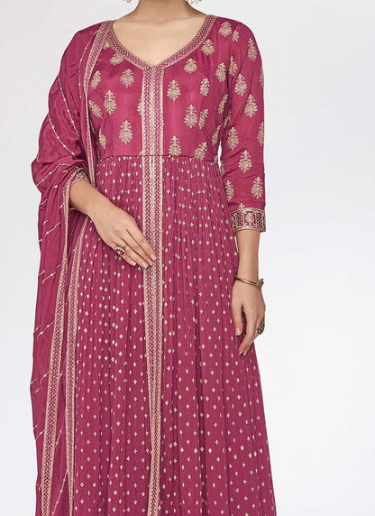 Premium Pink Party Wear Long Kurti Palazzo Dupatta Set