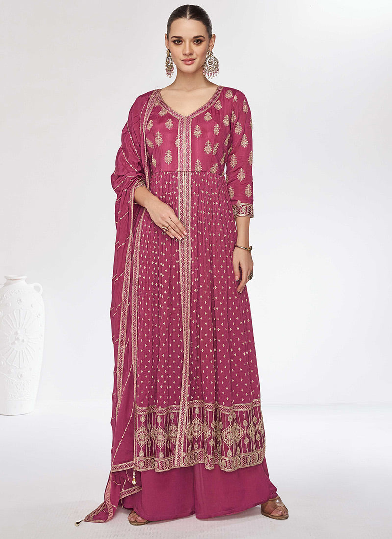 Premium Pink Party Wear Long Kurti Palazzo Dupatta Set