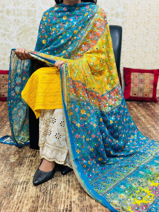 Yellow 2 Pakistani Fusion Chikankari Suit with Embroidered Dupatta - Inayakhan Shop 