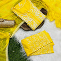 Yellow 3 Pc Lucknow Chikankari Handwork Kurti, Pant, and Dupatta Set