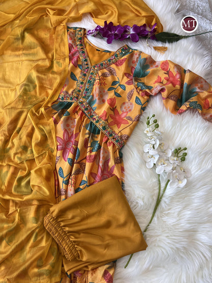 Yellow Aliya Cut Gown with Handwork, Stonework, and Mirror Work - Inayakhan Shop 