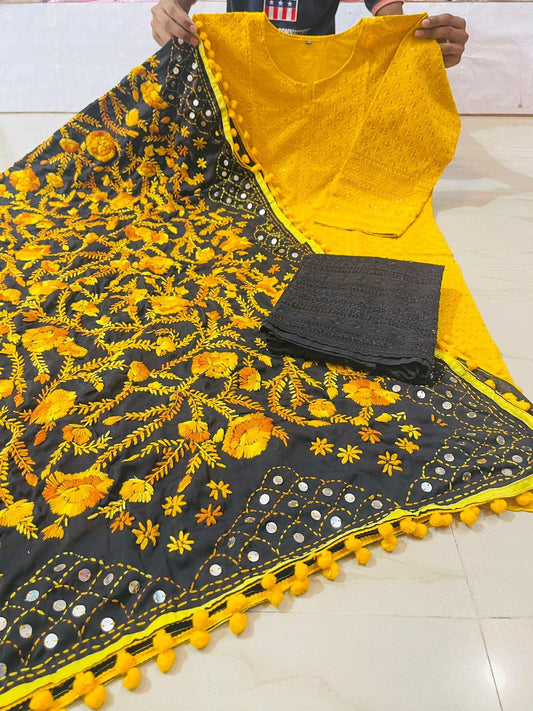 Yellow & Black Chikankari Sequin Work Ready-to-Wear Kurti, Plazo, and Dupatta Set - Inayakhan Shop 