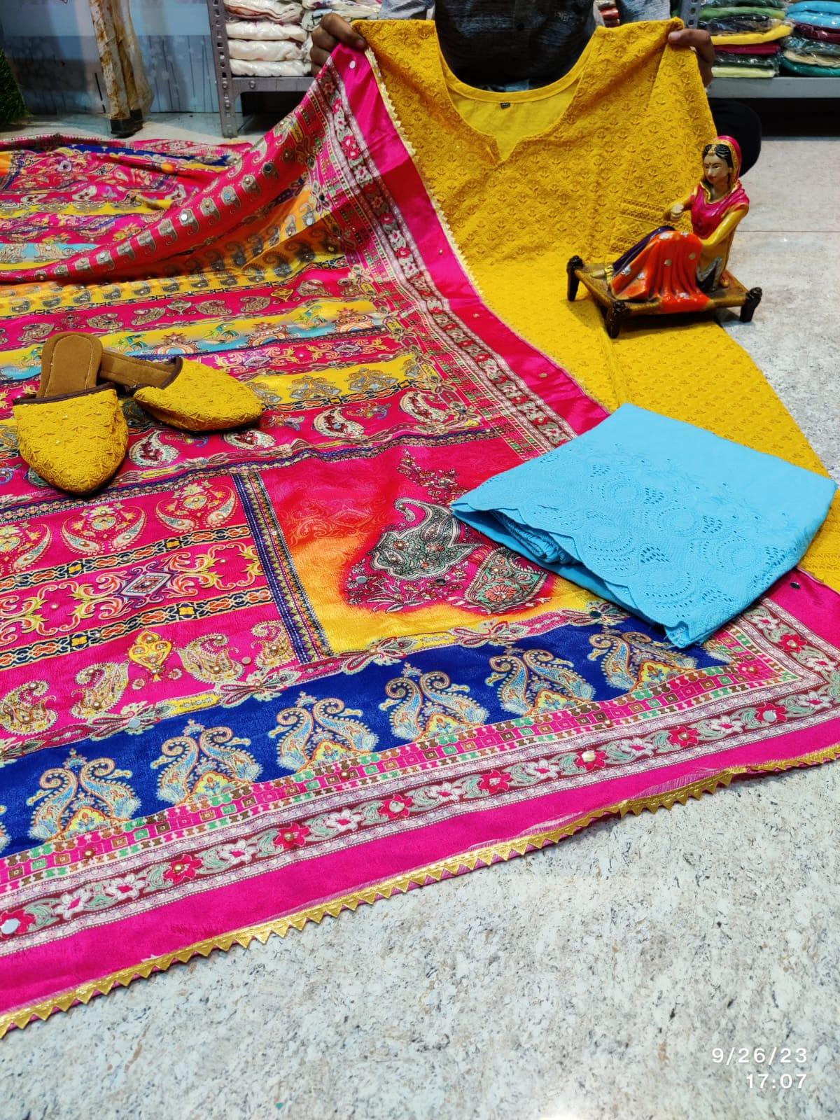 Yellow & Blue Elegant Chikankari Kurti, Palazzo, and Pakistani Dupatta Set - Inayakhan Shop 