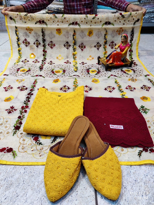 Yellow and Maroon Ensemble 4 Pc With Jutti , Chikankari Kurti Pallazo and Elegant Mirror work Dupatta - Inayakhan Shop 