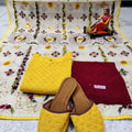 Yellow and Maroon Ensemble 4 Pc With Jutti , Chikankari Kurti Pallazo and Elegant Mirror work Dupatta