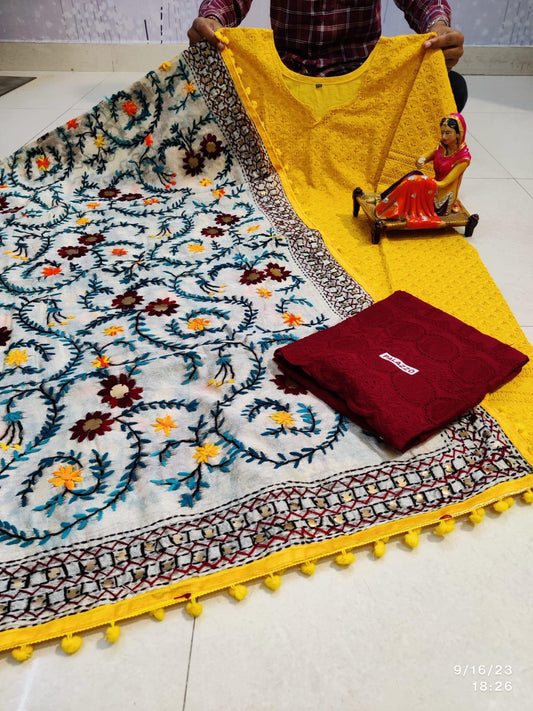 Yellow & Maroon Handmade Mirror Work Raw Silk Pom Pom Dupatta Set - Inayakhan Shop 