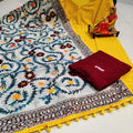 Yellow & Maroon Handmade Mirror Work Raw Silk Pom Pom Dupatta Set