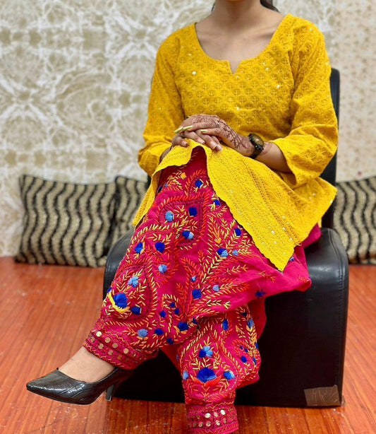 Yellow & Pink Elegant Phulkari Patiala Salwar & Chikankari Kameez Set - Inayakhan Shop 