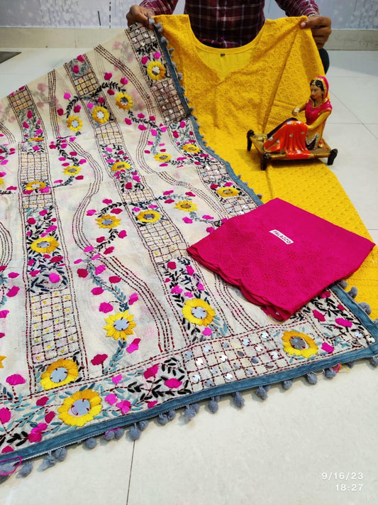 Yellow & Pink Handmade Mirror Work Raw Silk Pom Pom Dupatta Set - Inayakhan Shop 