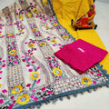 Yellow & Pink Handmade Mirror Work Raw Silk Pom Pom Dupatta Set