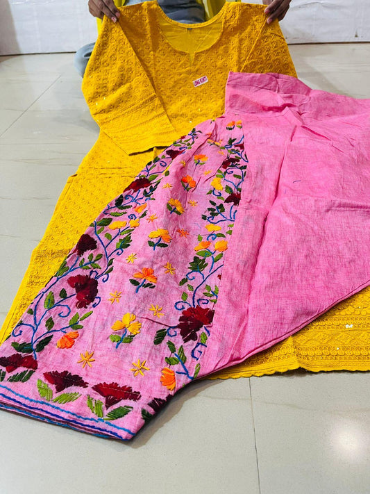 Yellow and Pink Sequined Splendor Chikankari Kurti and Patiala Salwar Set - Inayakhan Shop 