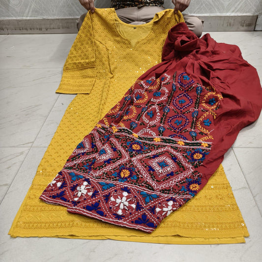 Yellow Beautiful Embroidered Phulkari Kantha Salwar & Chikankari Kurti Set - Inayakhan Shop 