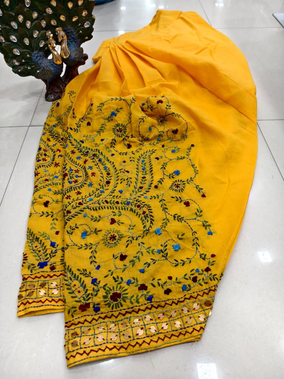 Yellow Beautiful Embroidered Phulkari Kantha Salwar - Inayakhan Shop 