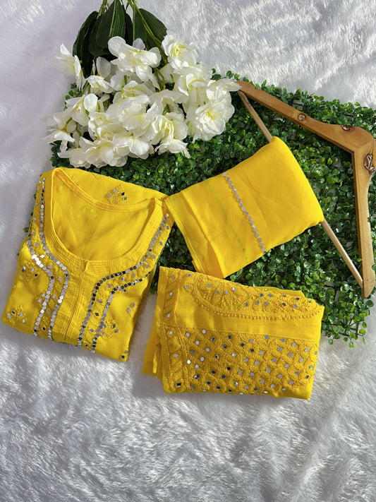 Yellow Best Seller Georgette Mirror Gala Booti Chikankari Set with Beautiful Handwork Embroidery - Inayakhan Shop 