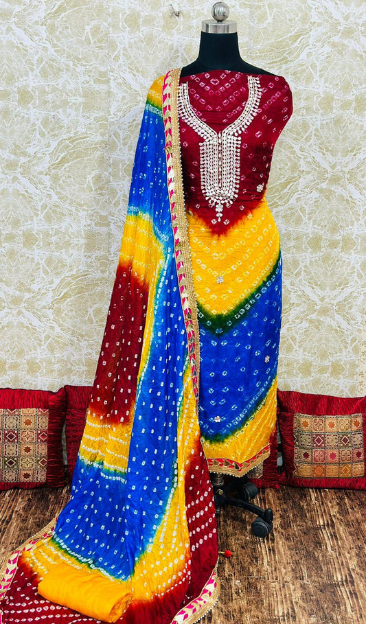 Yellow Blue Maroon Radiant Bandhani Splendor Suit Set - Inayakhan Shop 