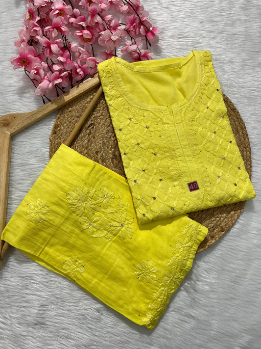 Yellow Breezy Blossoms: Pure Cotton Dyed Mukesh Work Kurti Palazzo Set - Inayakhan Shop 