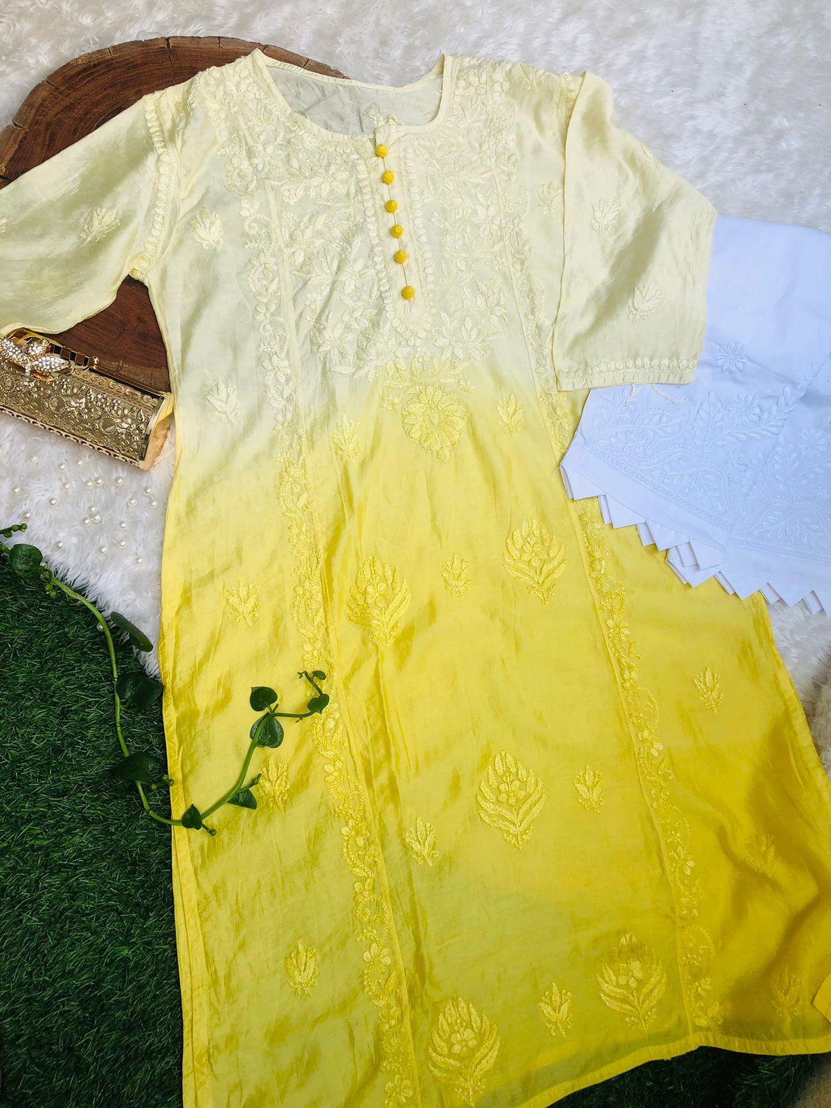 Yellow Chanderi Charm: Dyeable Kalidaar Kurti with Lycra Chikankari Pant - Inayakhan Shop 