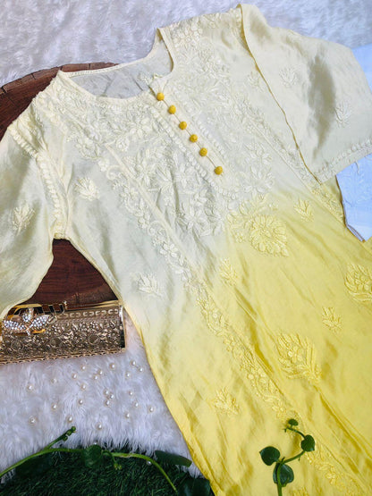 Yellow Chanderi Charm: Dyeable Kalidaar Kurti with Lycra Chikankari Pant - Inayakhan Shop 