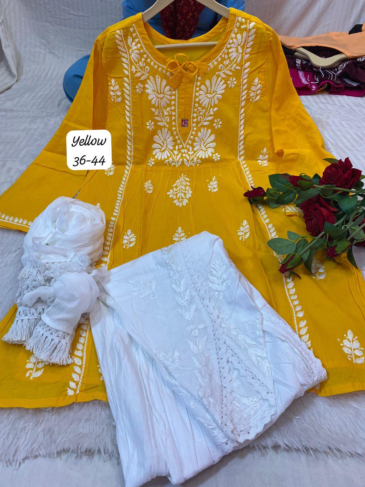 Yellow Chic Chikankari Tulip Trio Combo - Inayakhan Shop 