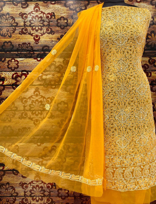 Yellow Chiffon Georgette 3-Pc Suit with Intricate Handwork Embroidery All Over Kurta Latest Online - Inayakhan Shop 