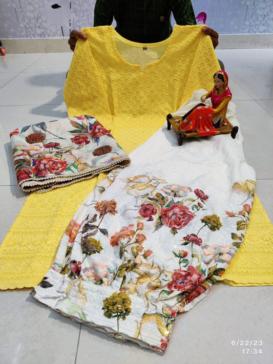 Yellow Chikan Sequence Kurti with Afghani Salwar & Digital Print Dupatta - Inayakhan Shop 