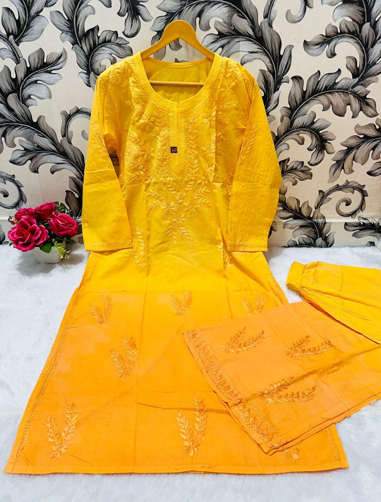Yellow Chikankari Bliss Combo: Dyeable Pure Cotton Kurti & Palazzo Set - Inayakhan Shop 